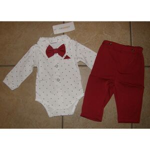 NEW Boys Sz 3-6 Months Maroon Pants, Long Sleeve Shirt & Bowtie 3 Pc Outfit Set